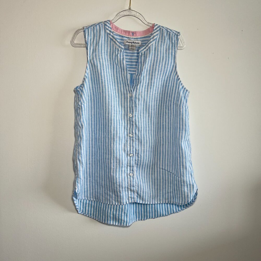 Tommy Bahama Women's Linen Sleeveless, Blue/white stripe, button down, Size SP - Picture 7 of 7